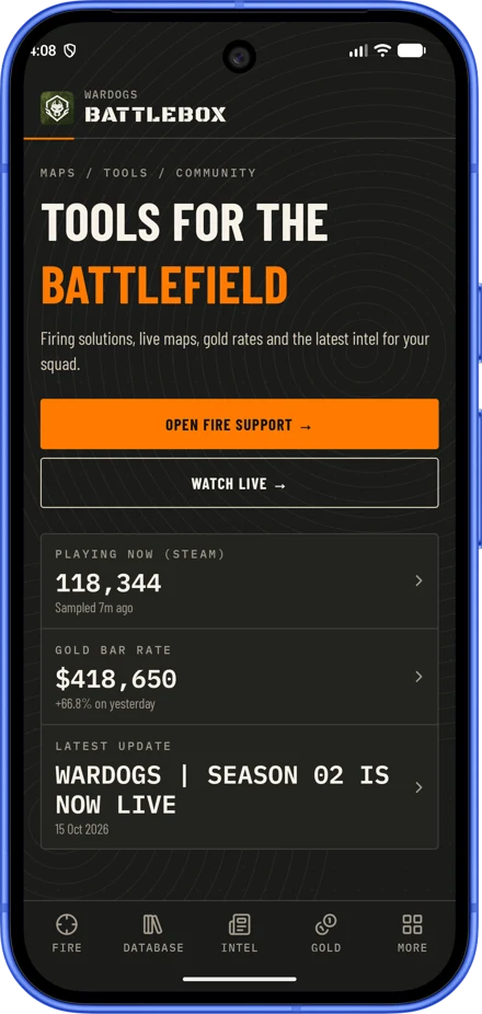 BattleBox app home screen: Tools for the Battlefield, with Fire Support, live player count and gold bar rate