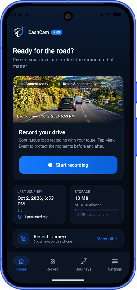 DashCam app home screen: Ready for the road, with Start recording, last journey and storage