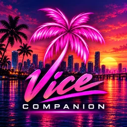 Vice Companion app icon — neon palm over a sunset skyline
